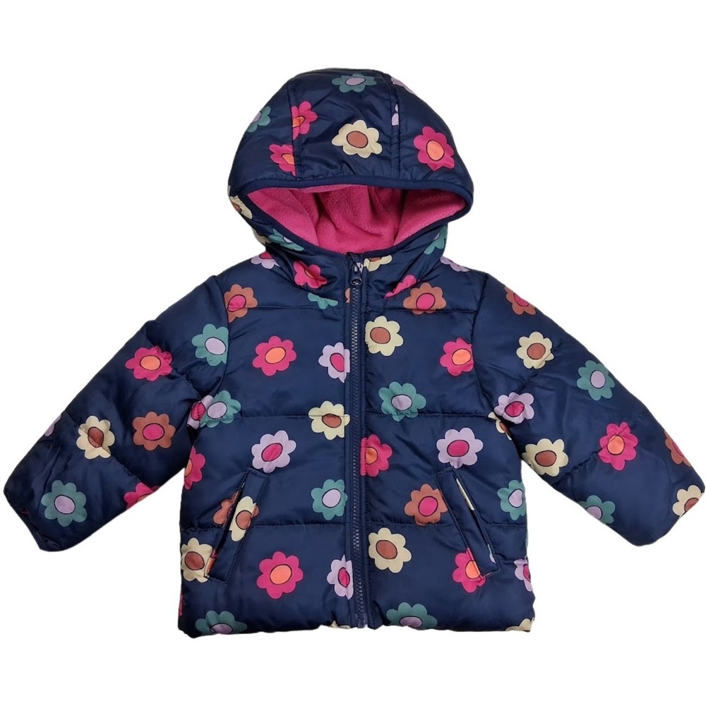 Jumping Beans Baby Girl 18 Mos Navy Blue Flower Fleece Lined Puffer Jacket NEW